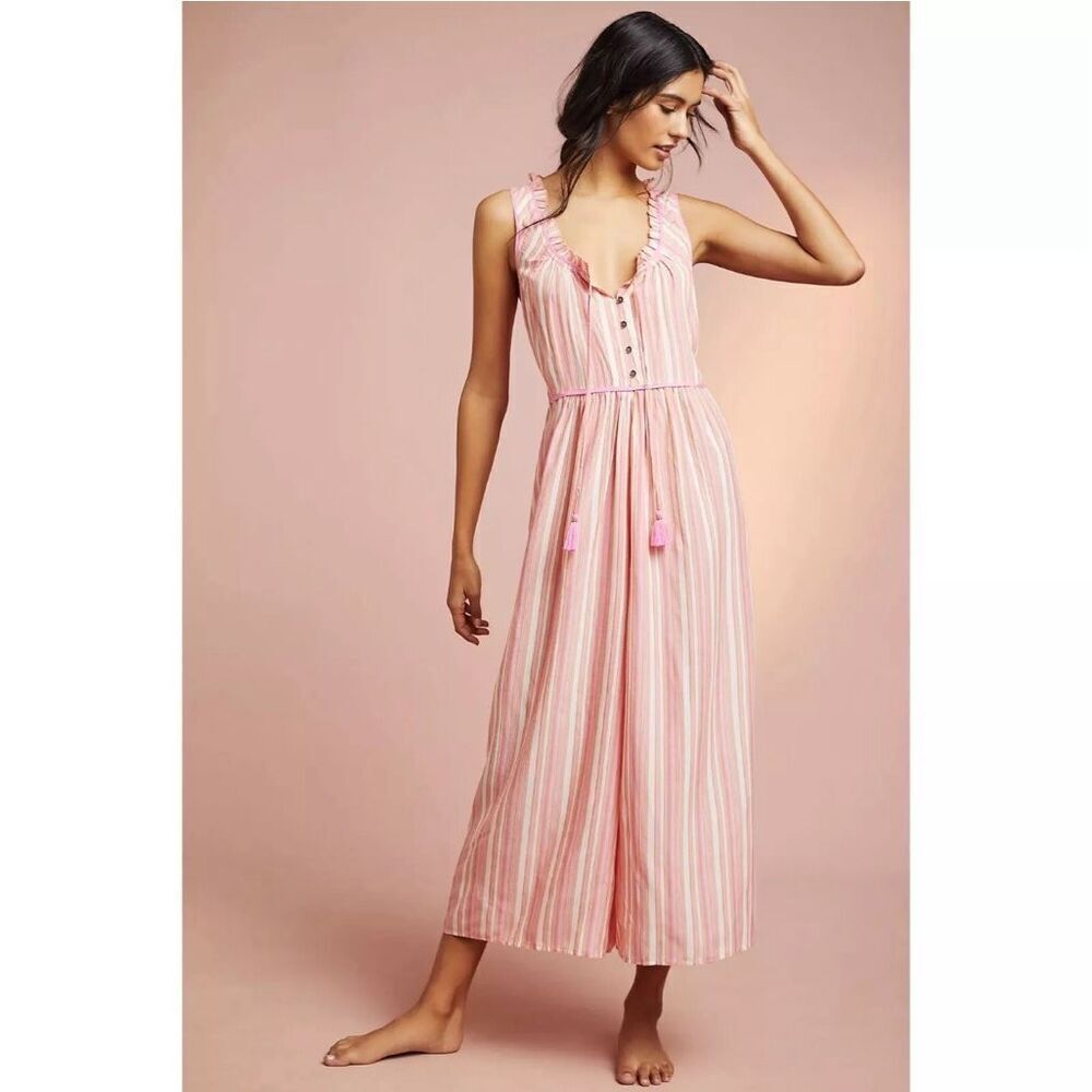 Anthropologie Visayas pink striped sleeveless XS ruffled jumpsuit